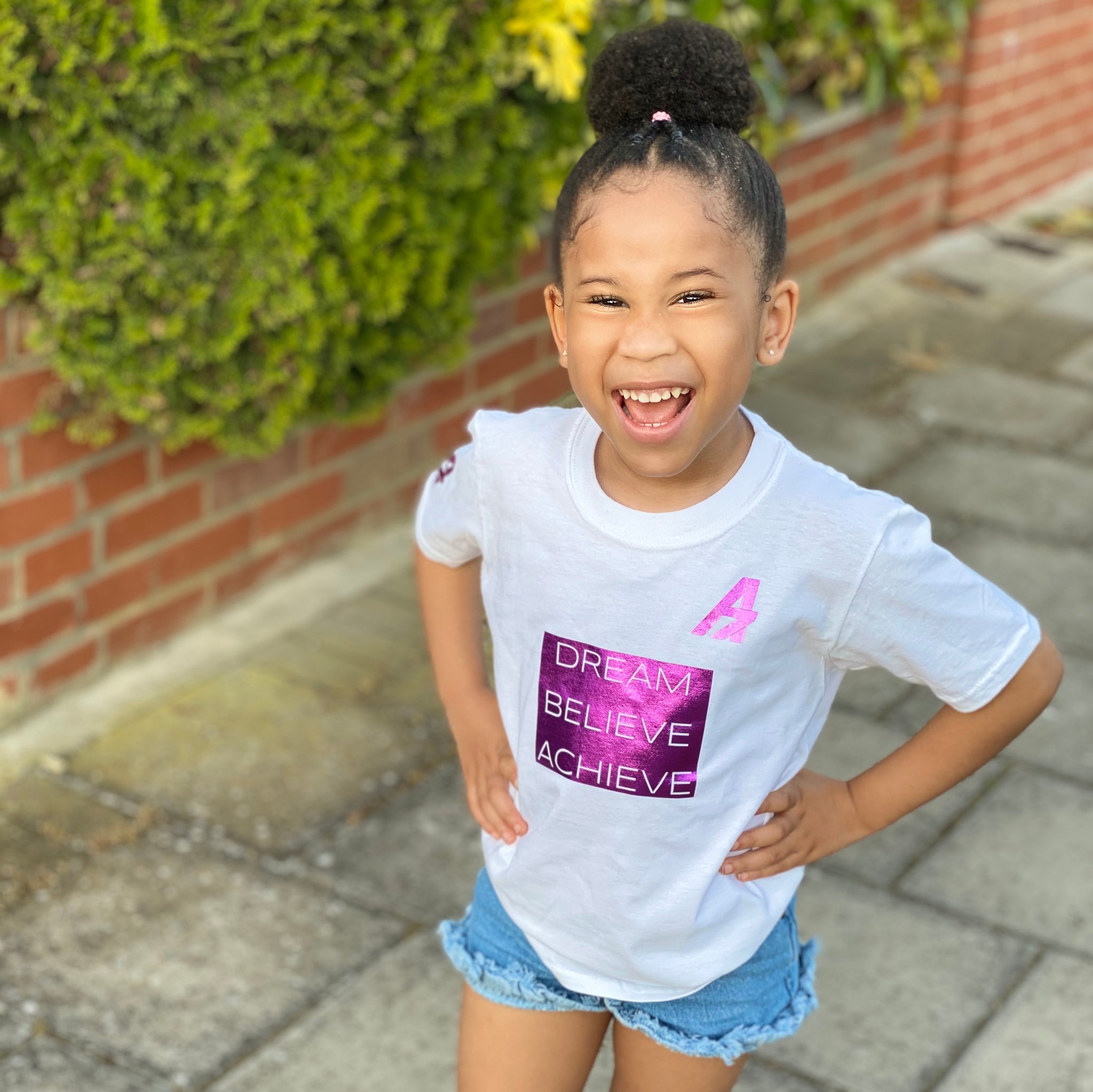 A7 Asher "Dream | Believe | Achieve" Block Logo Childrens Tshirt Sparkley Pink on White
