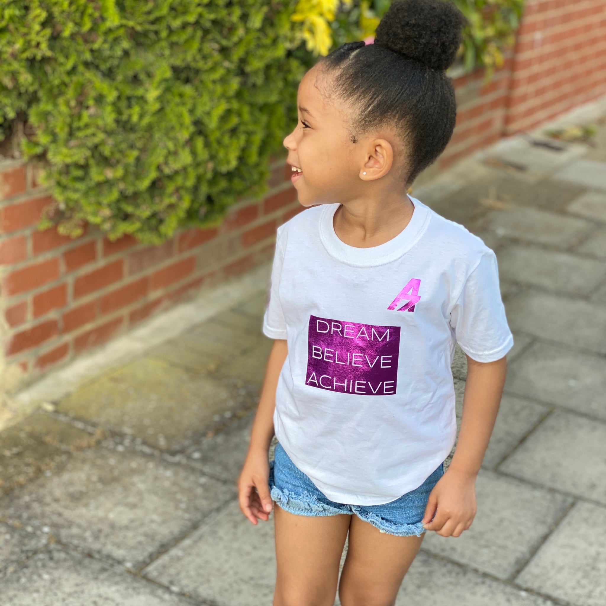 A7 Asher "Dream | Believe | Achieve" Block Logo Childrens Tshirt Sparkley Pink on White