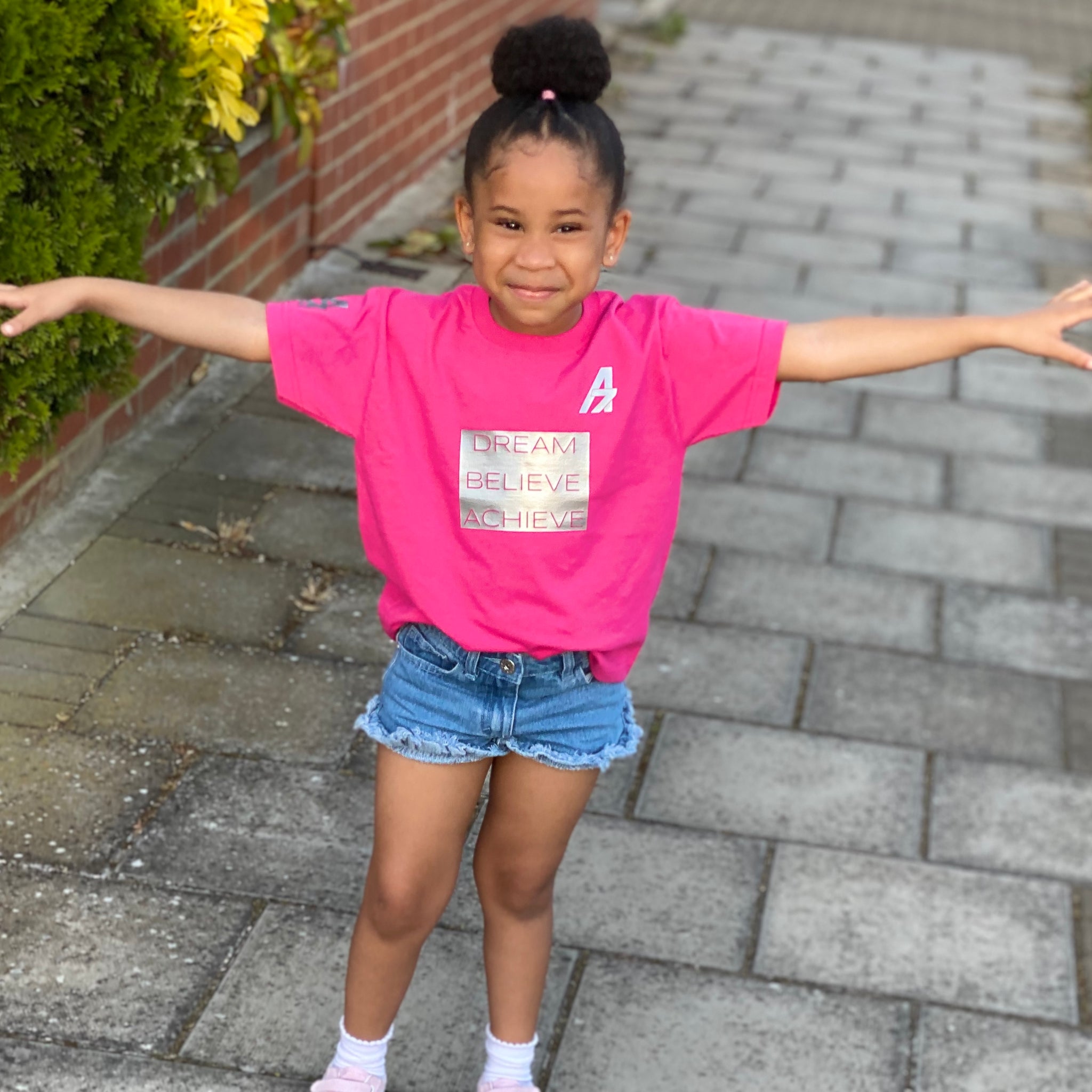 A7 Asher "Dream | Believe | Achieve" Block Logo Childrens Tshirt  Silver on Pink