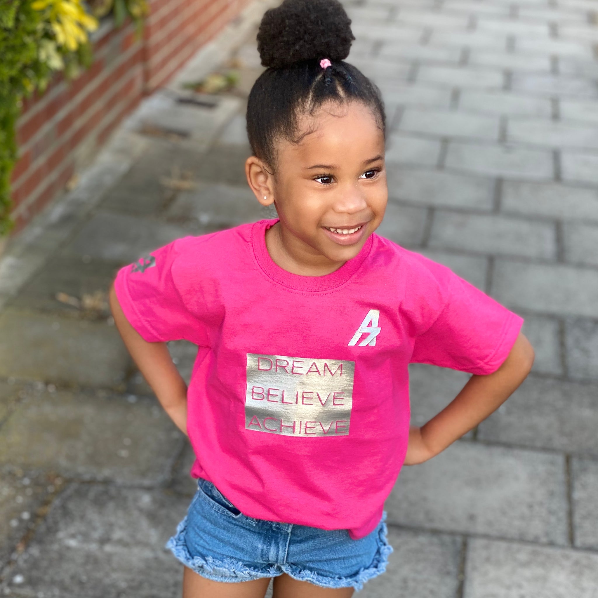 A7 Asher "Dream | Believe | Achieve" Block Logo Childrens Tshirt  Silver on Pink