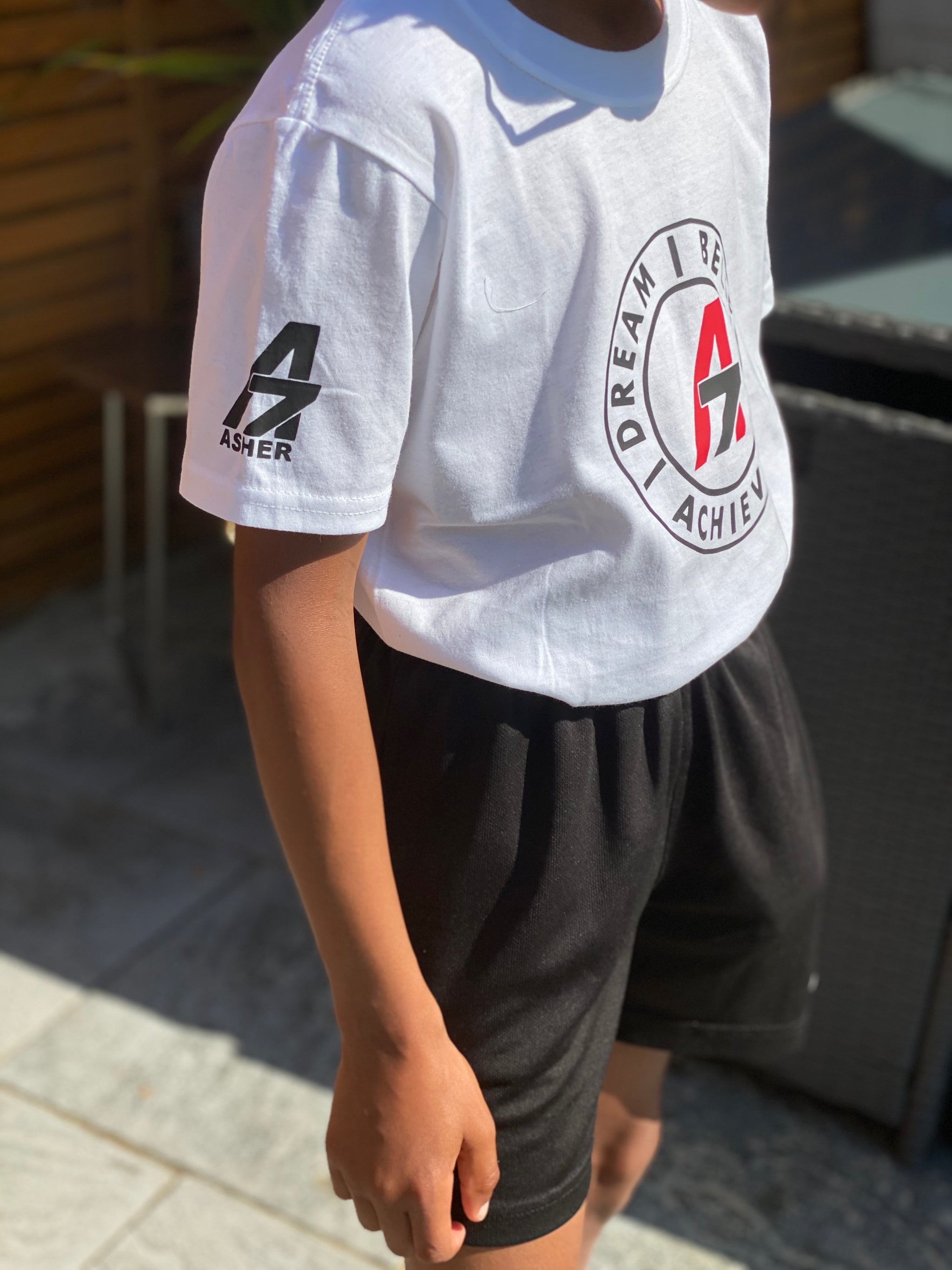 A7Asher  Circular "Dream  | Believe | Achieve"  white tshirt profile
