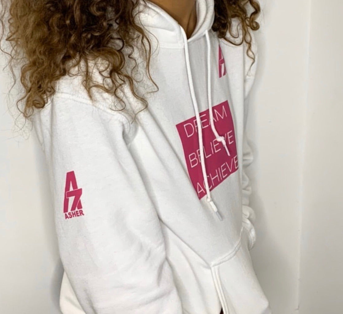 Junior A7 “Dream | Believe | Achieve” hoodie  white & pink
