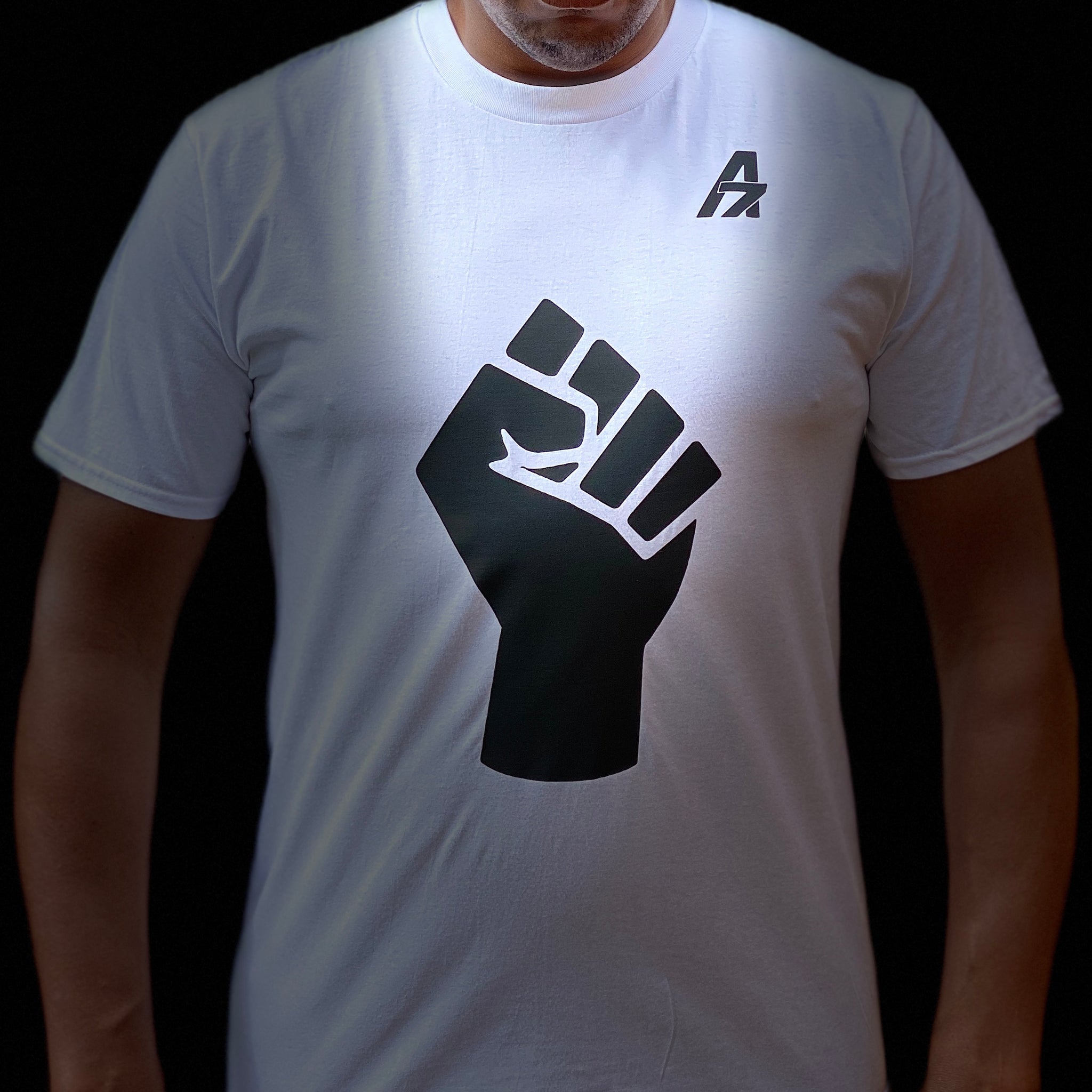 A7Asher "Black Lives Matter Fist " White T-Shirt, Black A7 Logo