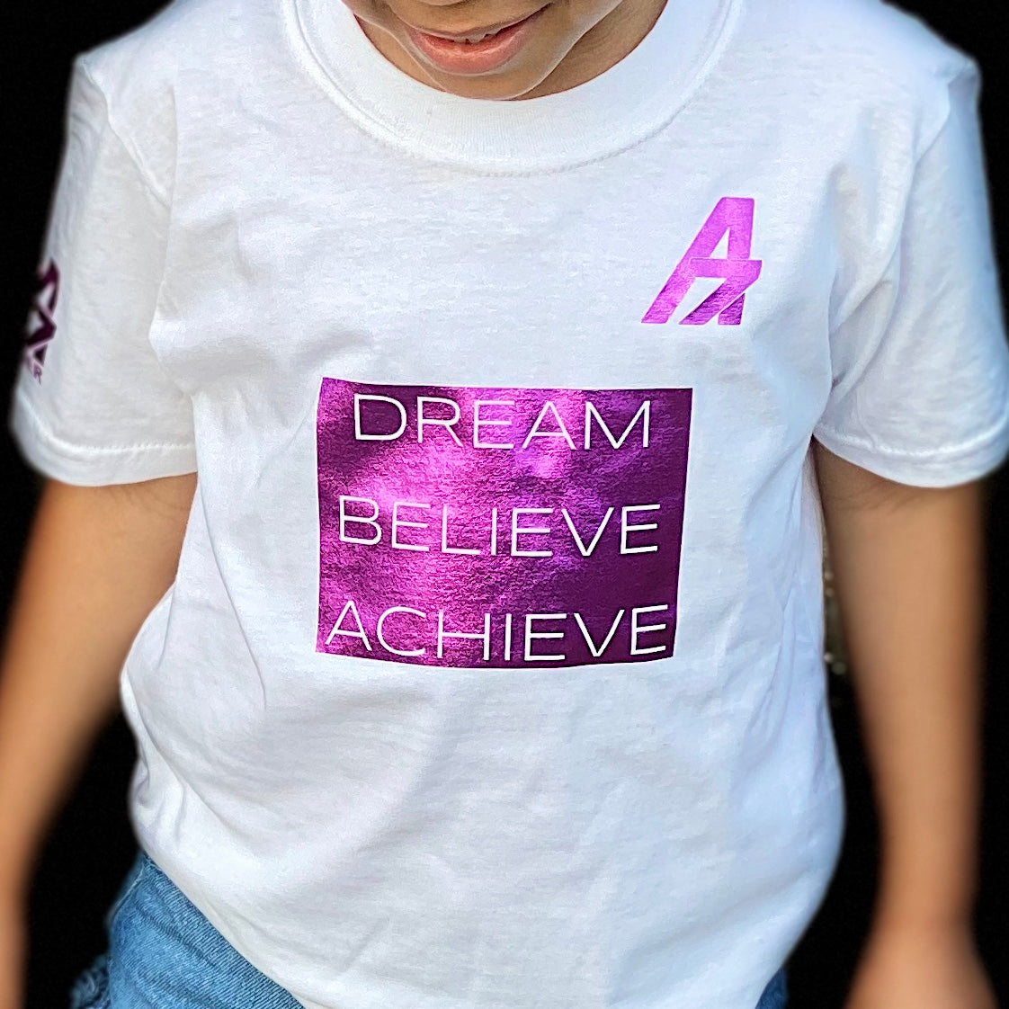 A7 Asher "Dream | Believe | Achieve" Block Logo Childrens Tshirt Sparkley Pink on White
