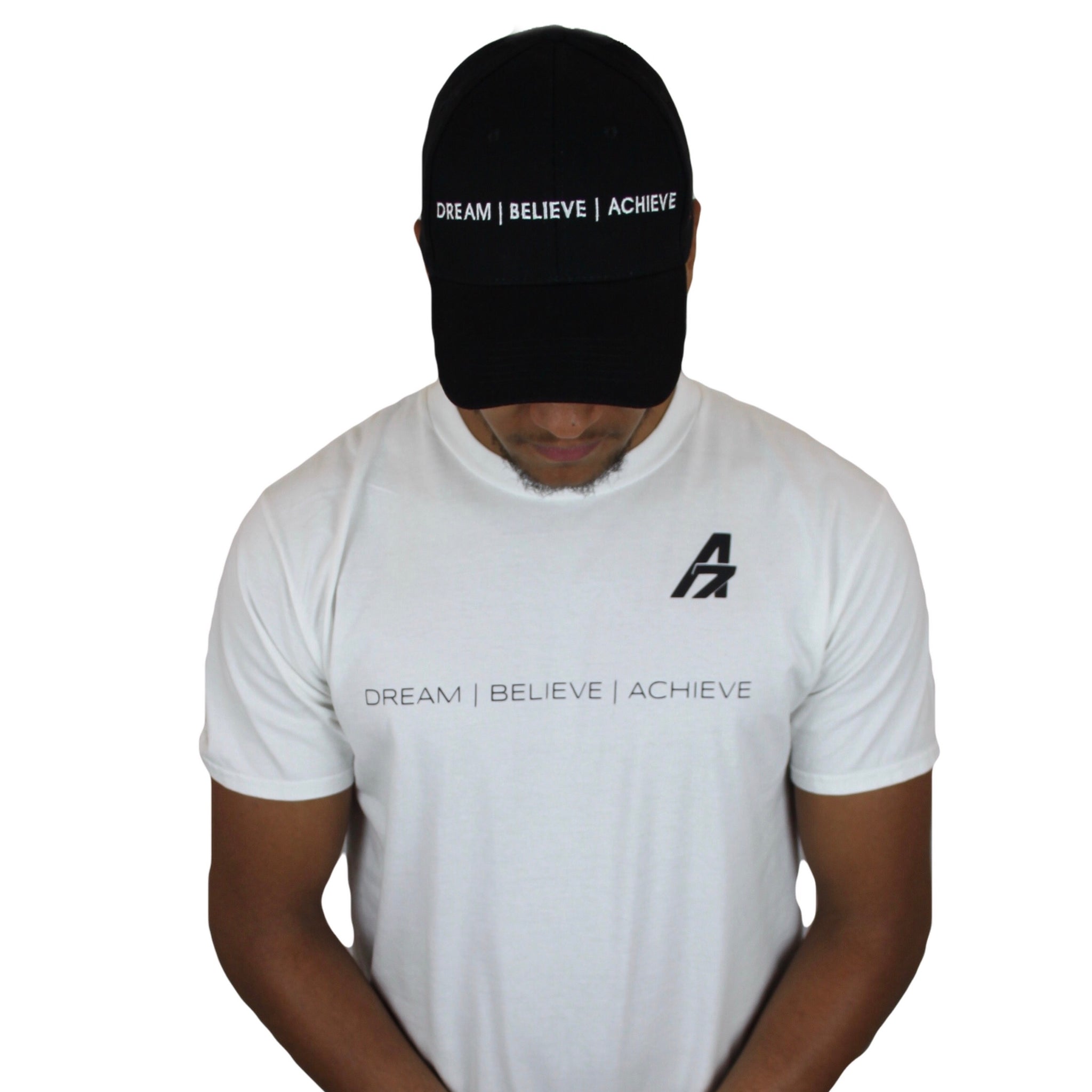 A7Asher "Dream | Believe | Achieve" White T-Shirt, Black A7 Logo