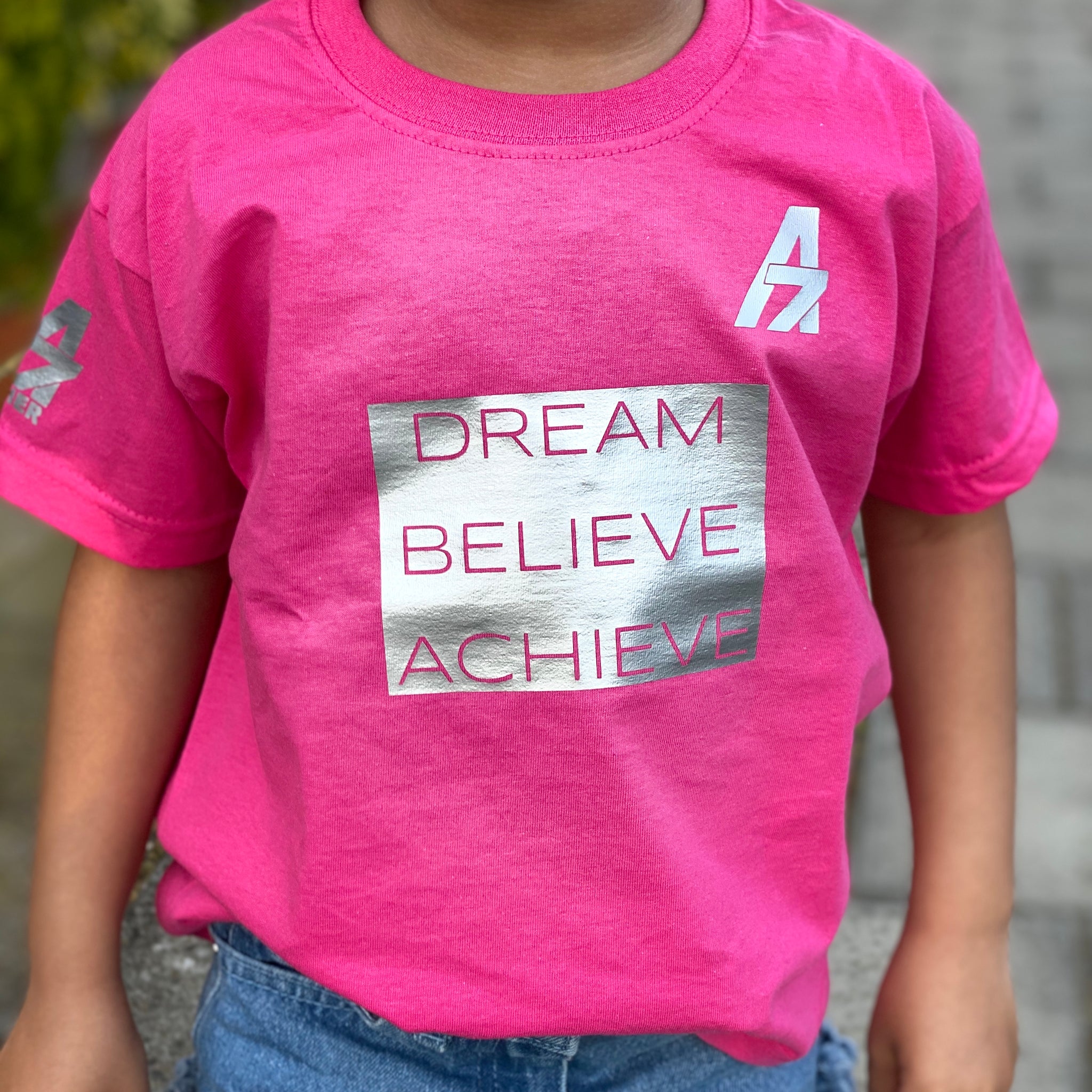 A7 Asher "Dream | Believe | Achieve" Block Logo Childrens Tshirt  Silver on Pink