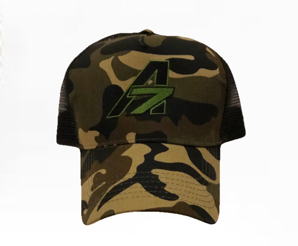 A7 Sportswear Camouflage & black Half Mesh Adult Trucker Cap, with Green A7 Logo