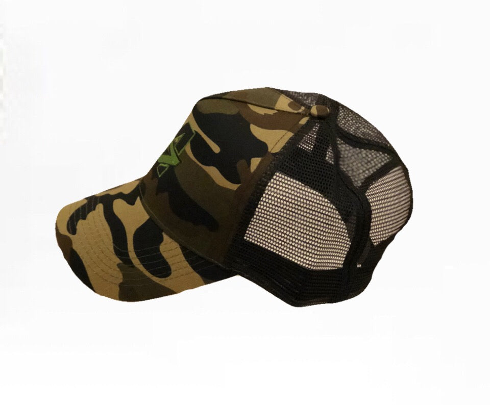 A7 Sportswear Camouflage & black Half Mesh Adult Trucker Cap, with Green A7 Logo profile