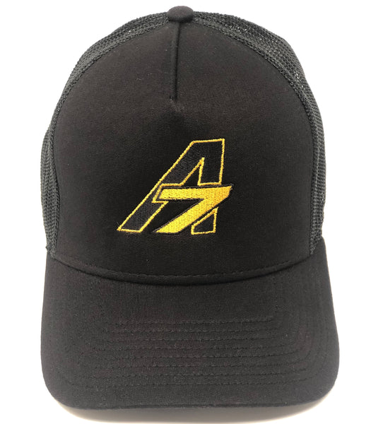 A7 Asher Black Trucker hat, with gold embroidered  A7 logo