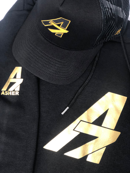 A7 Asher Black Trucker hat, with gold embroidered  A7 logo
