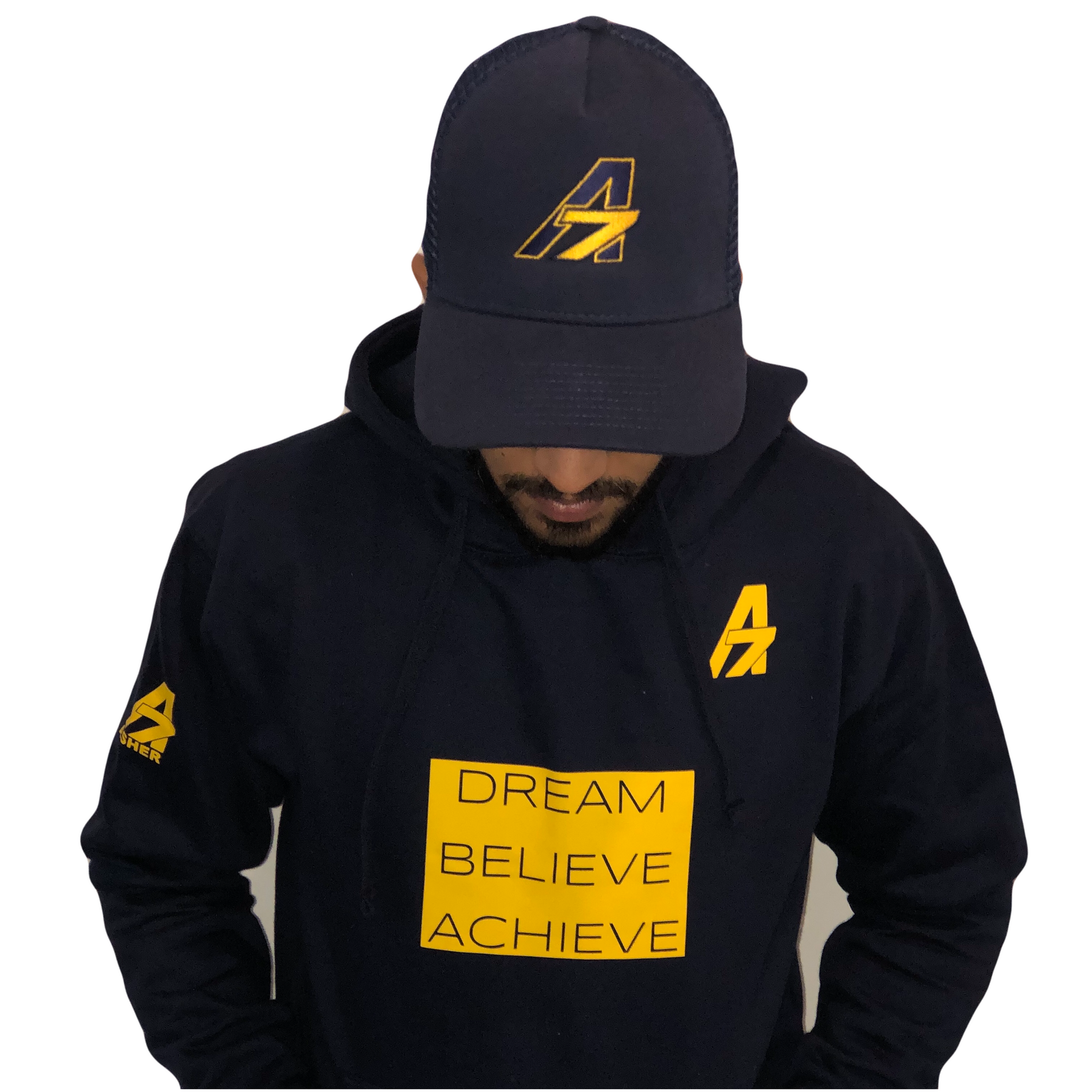 Adult A7 “Dream | Believe |  Achieve “ Hoodie  Navy & Yellow