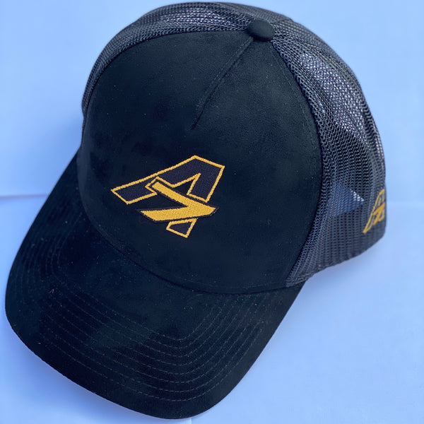 Faux Suede A7 Asher Black Trucker hat, with Gold embroidered  A7 logo
