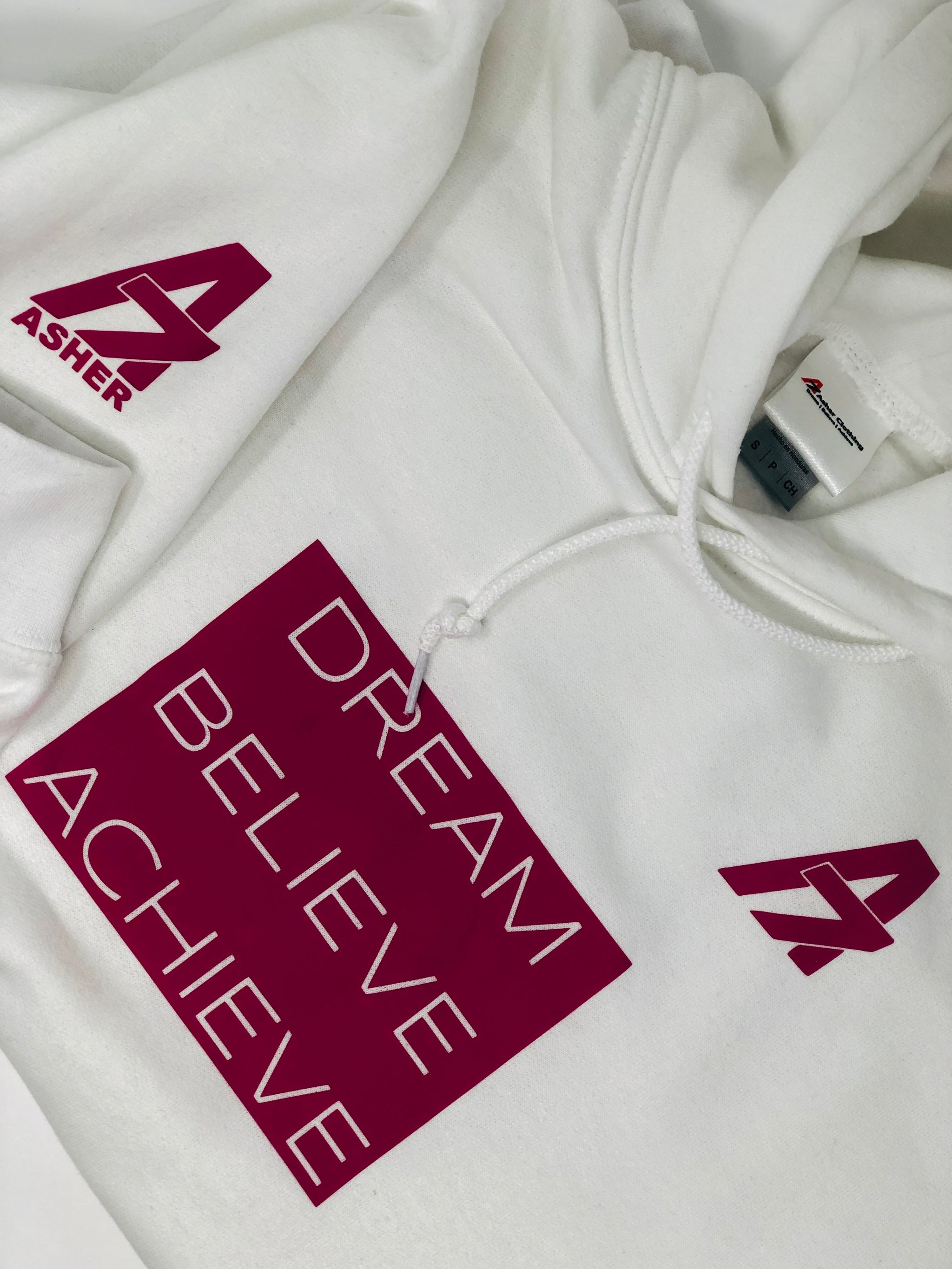 Junior A7 “Dream | Believe | Achieve” hoodie  white & pink