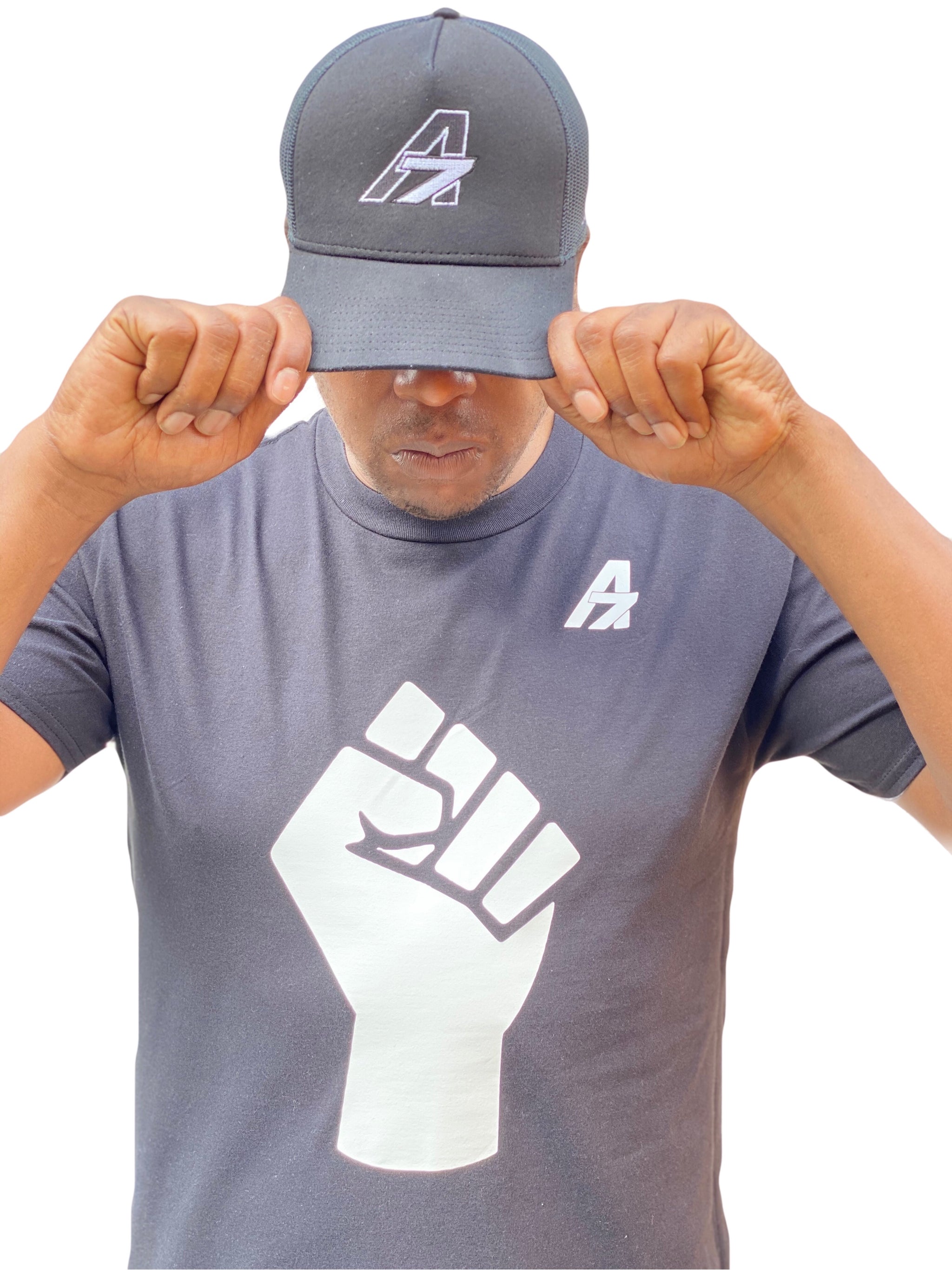 A7Asher "Black Lives Matter Fist " Black T-Shirt, White A7 Logo