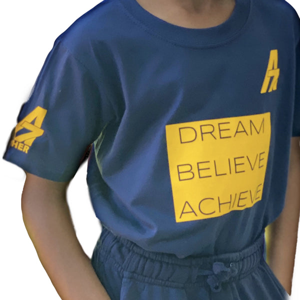 A7 Asher "Dream | Believe | Achieve" Block Logo Childrens T-shirt, Yellow on  Navy